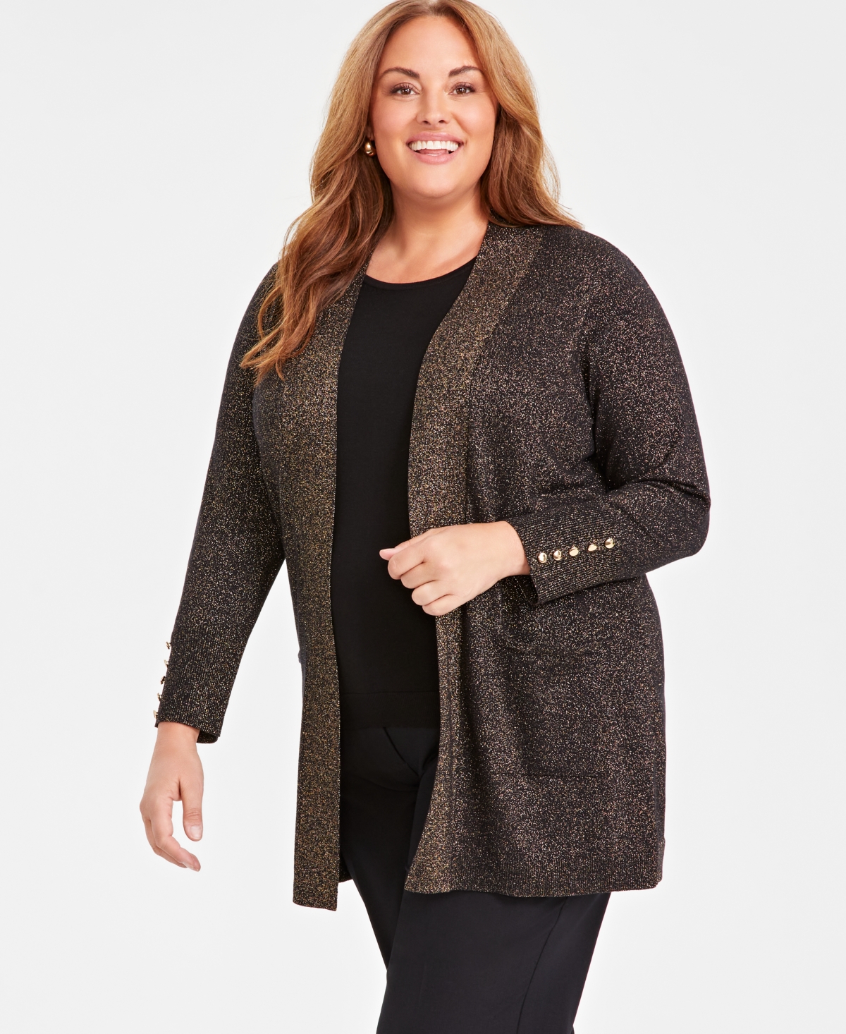 Jm Collection Plus Size Metallic Open-front Cardigan, Created For Macy's In Deep Black Lurex