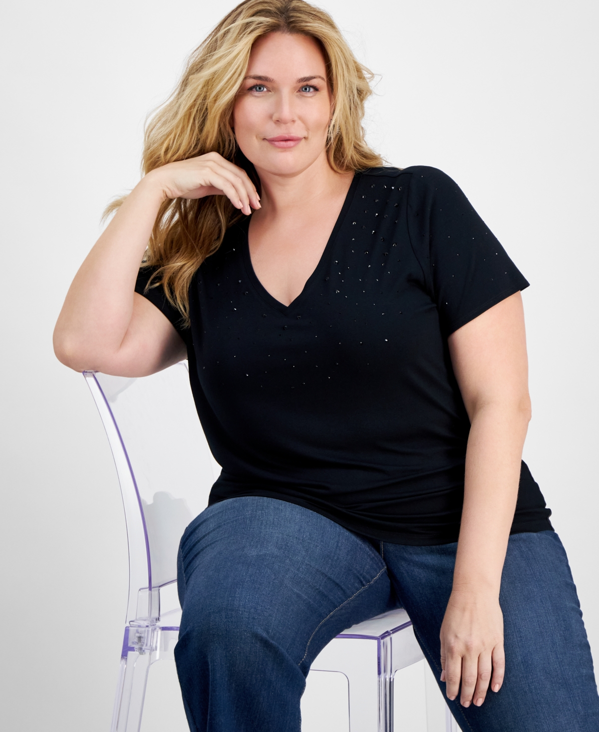 I.n.c. International Concepts Plus Size V-Neck Embellished T-Shirt, Created for Macy's