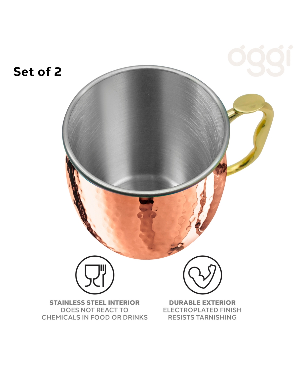 Oggi Set Of 2, 18oz Hammered Stainless Steel Moscow Mule Mugs In Copper