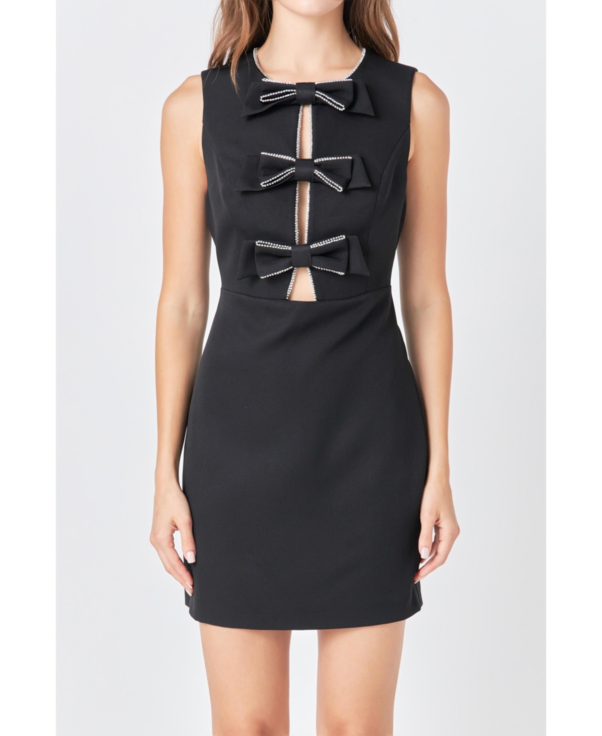 Women's Rhinestone Bow Sleeveless Mini Dress - Black