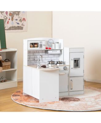 Kids Corner Kitchen Playset Wooden Play Kitchen with Microwave&Fridge