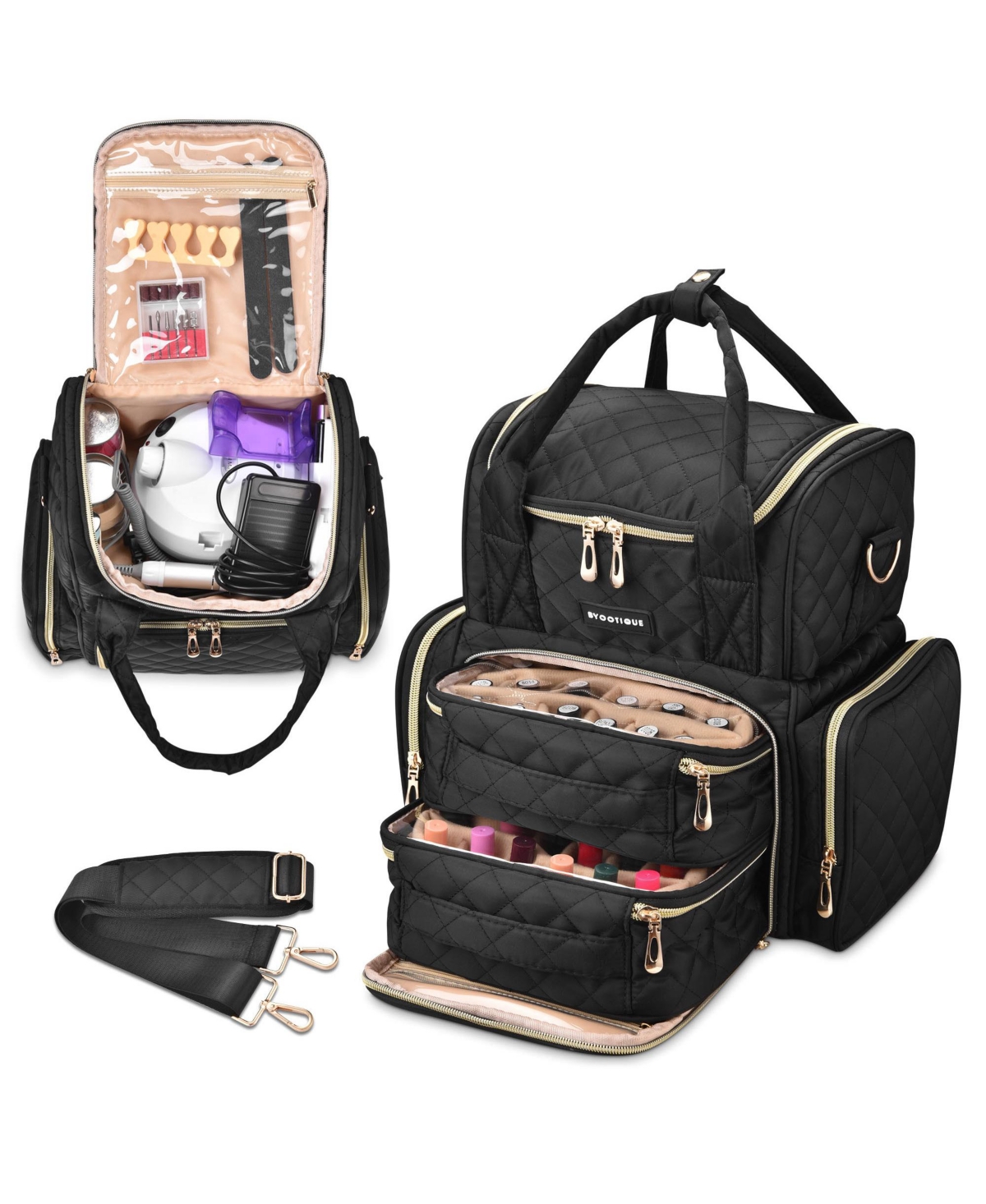 Double Layer Nail Polish Case Storage Organizer With 2 Removable Bags - Natrual