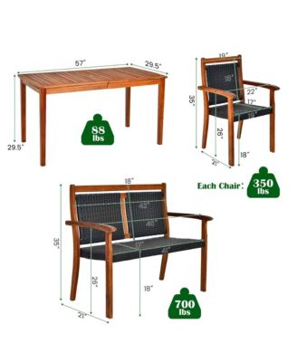 4PCS Patio Dining Set Acacia Wood Rattan Furniture Set w/ Umbrella Hole