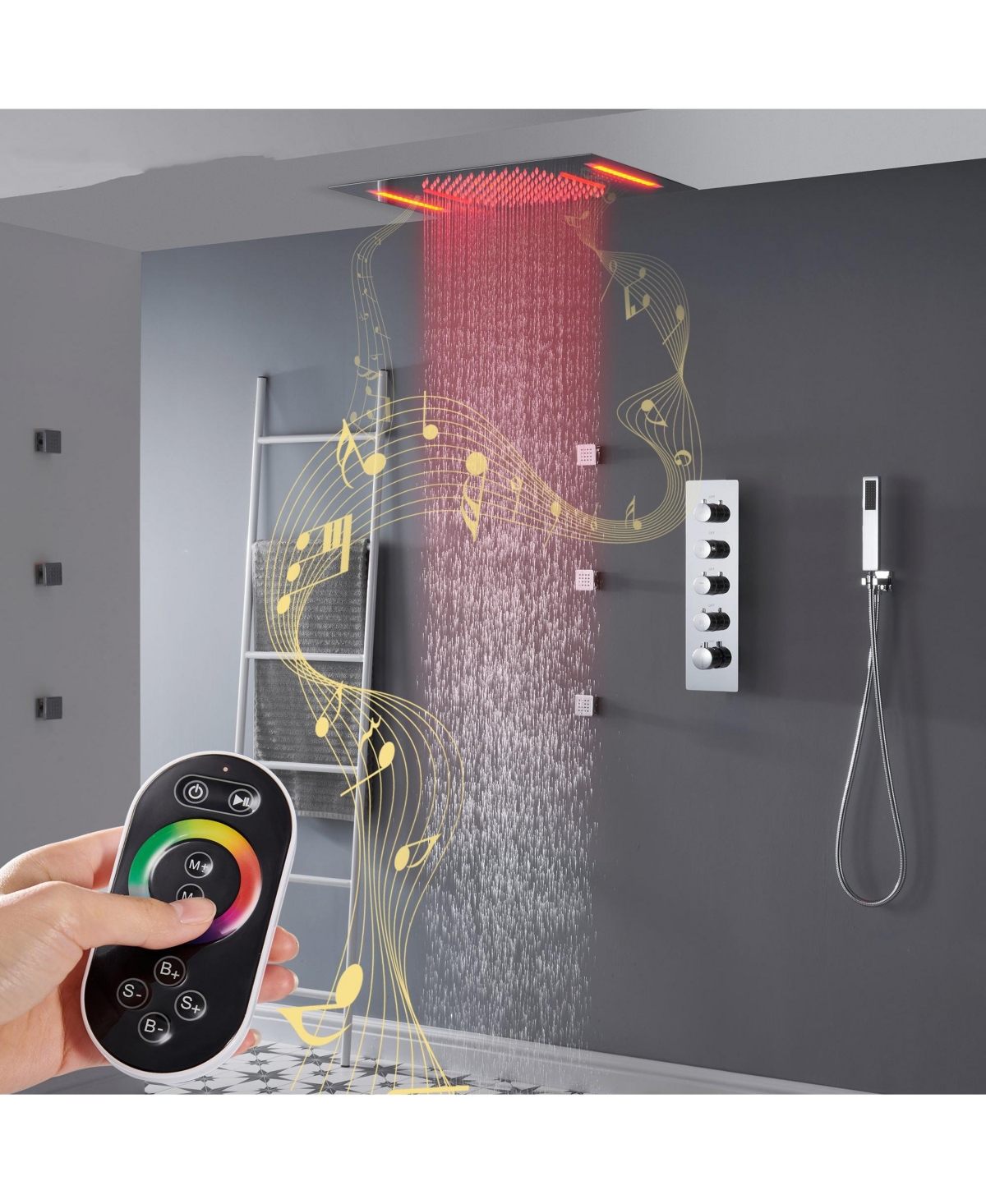 Mondawe 64 Colors Led Light and Music 3 Functions 4 Sprays Flush Ceiling Mounted Thermostatic Shower System with 6 Body Jets and Rough-in Valve in Bru
