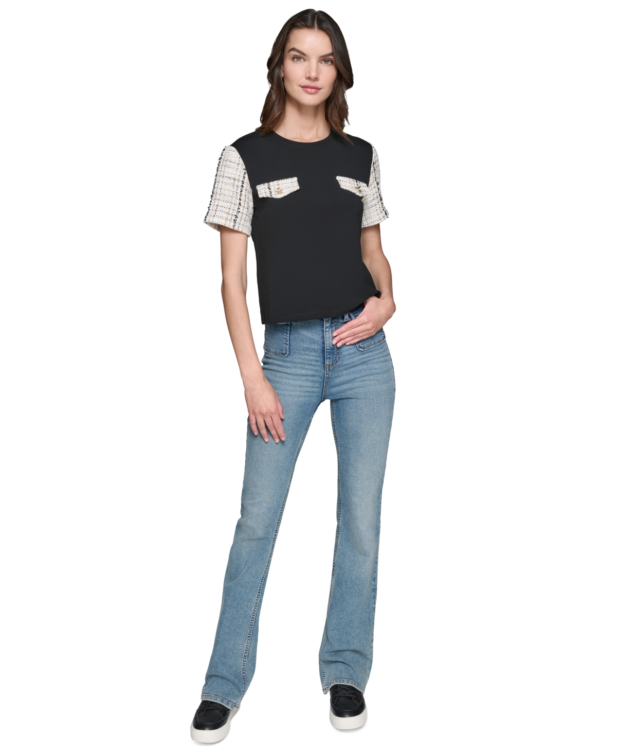 Karl Lagerfeld Paris Women's Short-Sleeve Tweed Pocket Top