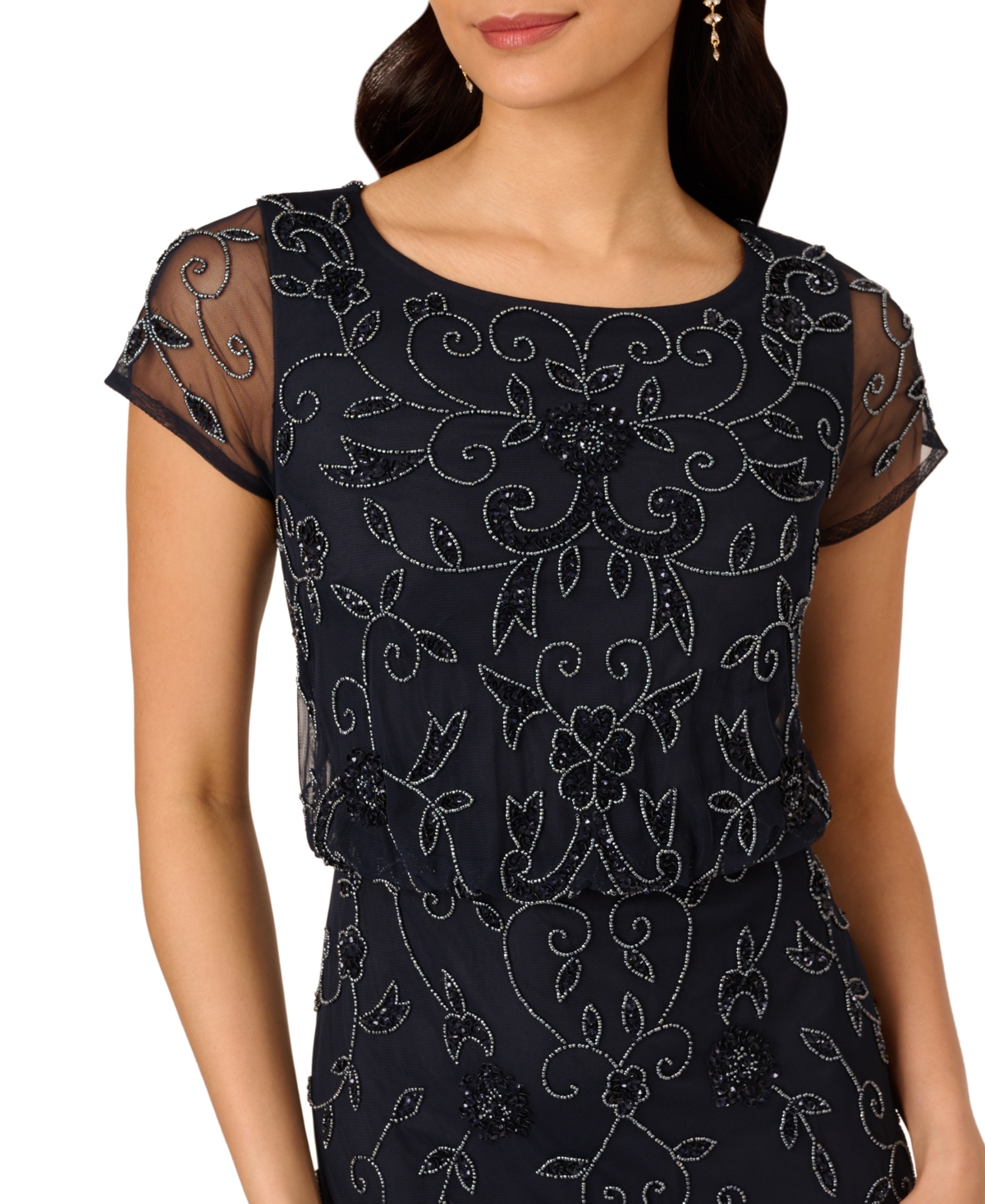 Adrianna Papell Beaded Mesh Gown In Midnight
