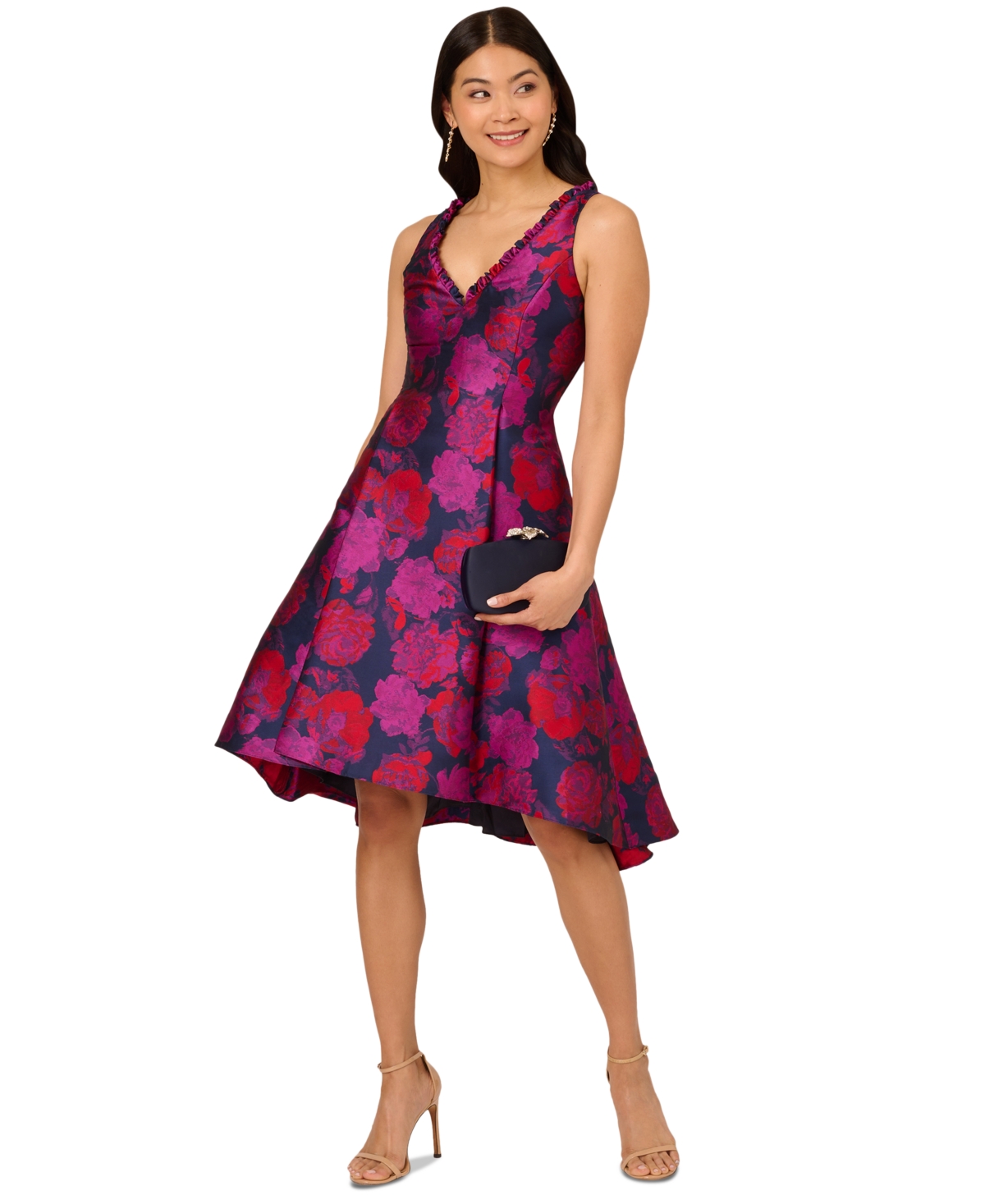 ADRIANNA PAPELL WOMEN'S FLORAL JACQUARD HIGH-LOW-HEM DRESS 