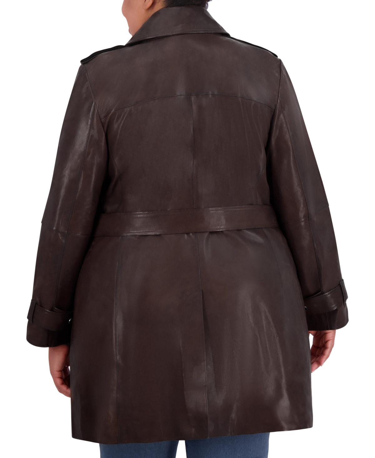 Tahari Womens Plus Size Natalie Belted Leather Trench Coat