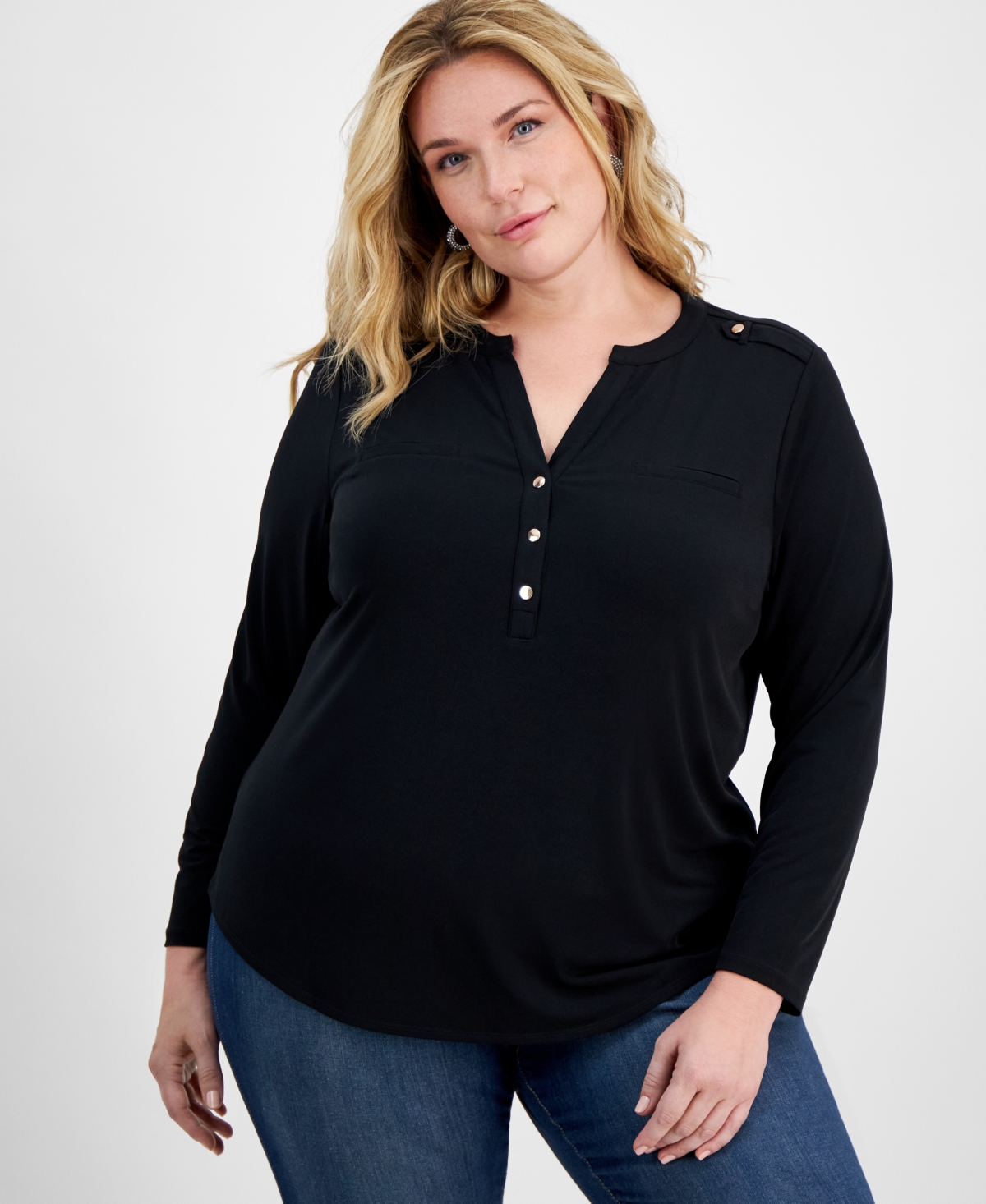Inc International Concepts Plus Size Long-sleeve Top, Created For Macy's In Deep Black