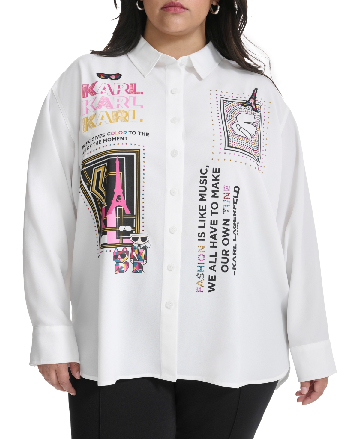 Karl Lagerfeld Paris Plus Size Embellished Printed Button-Front Shirt, Created for Macy's