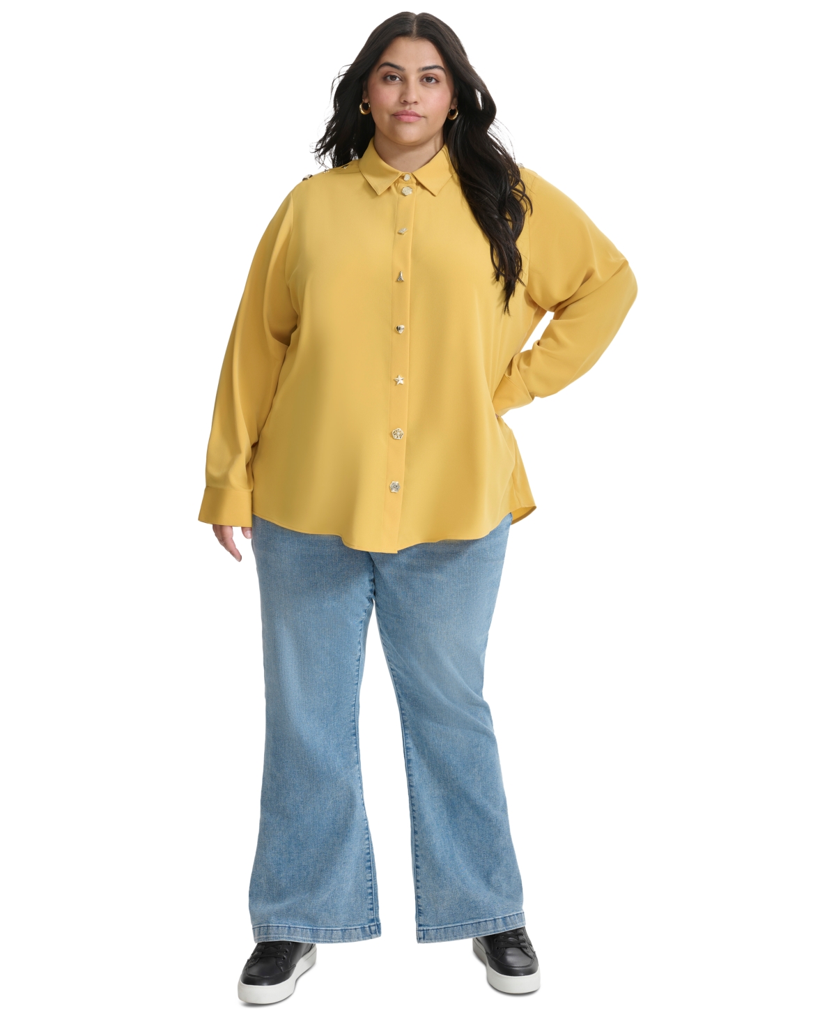 Karl Lagerfeld Paris Plus Size Long Sleeve Button-Front Shirt, Created for Macy's