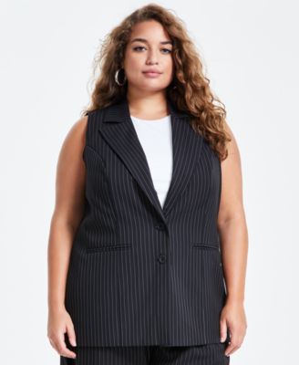 Trendy Plus Size Long Black with White Pinstriped Vest Created for Macy s