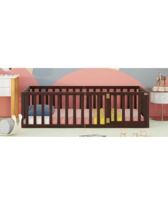 Twin Size Wood Floor Bed Frame With Fence And Door, Walnut