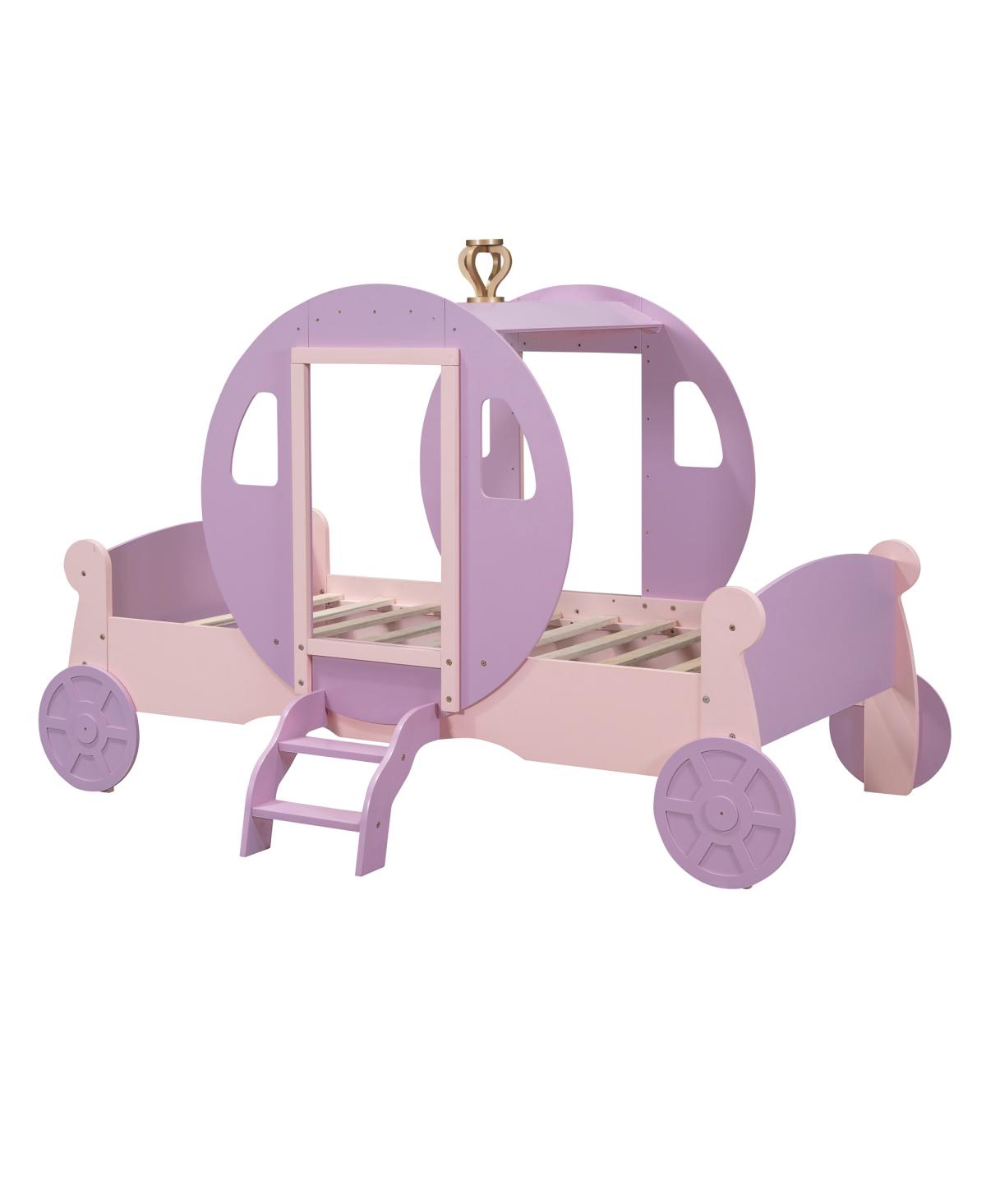 Simplie Fun Twin Size Princess Carriage Bed With Crown, Wood Platform Car Bed With Stair