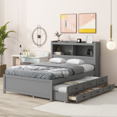 Full Size Platform Bed With Trundle, Drawers And USB Plugs