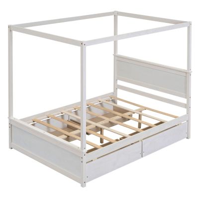 Streamdale Full Size Wood Canopy Bed with Drawers, Brushed White