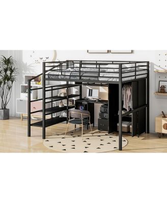 Metal Loft Bed With Table Set And Wardrobe, Full
