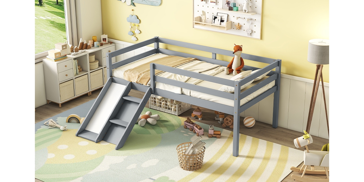 Streamdale Furniture Low Loft Bed With Slide, Ladder, Safety Guardrails, No Box Spring Needed,- Grey