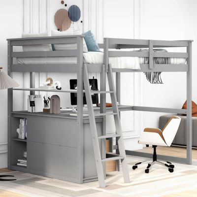 Streamdale Full Size Loft Bed With Desk And Shelves, Two Built-In Drawers