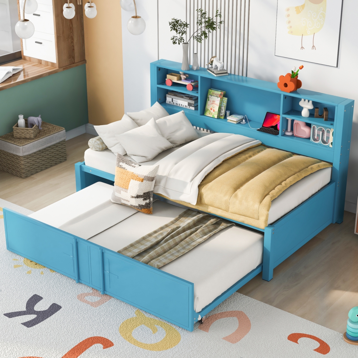 Simplie Fun Metal Twin Size Daybed With Twin Size Trundle, Storage Shelves And Usb Ports