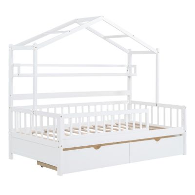 Streamdale Kids' White Wooden House Bed with Drawers and Shelf