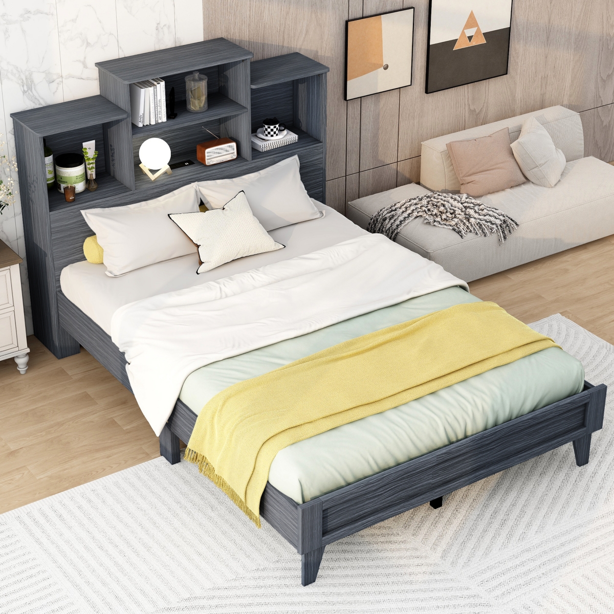Streamdale Furniture Size Storage Platform Bed Frame With 4 Open Storage Shelves And Usb Charging Design