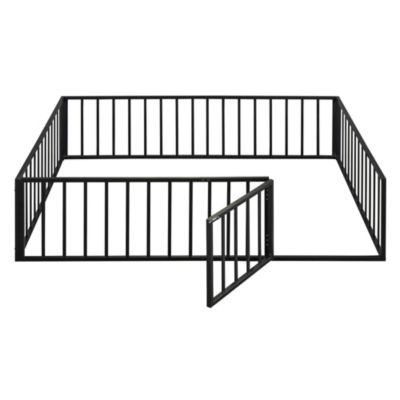 Queen Size Metal Floor Bed Frame With Fence And Door