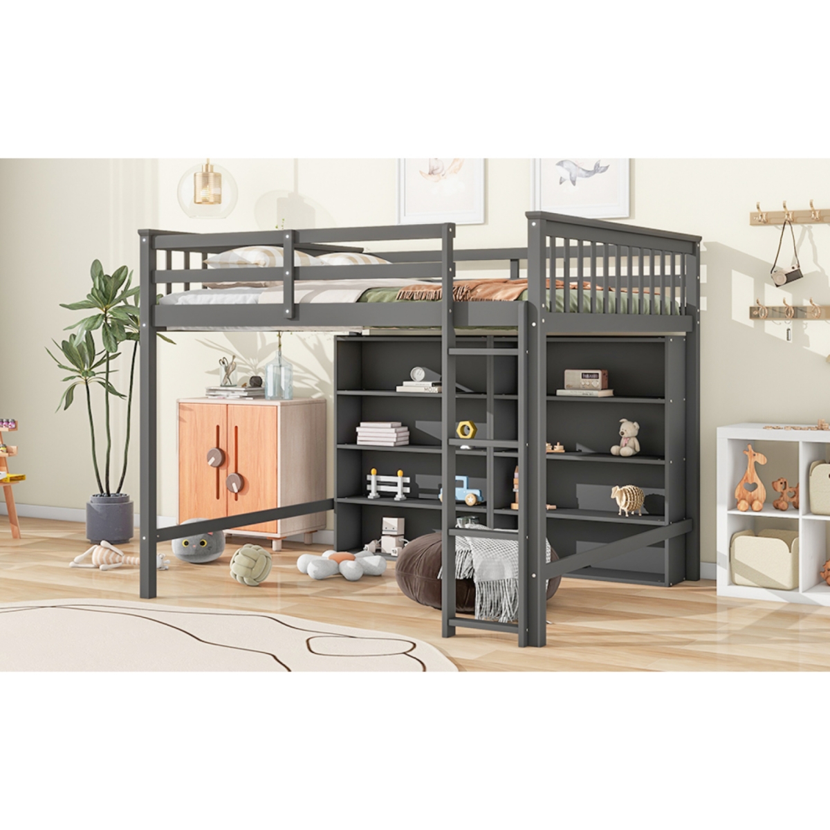 Simplie Fun Full Size Loft Bed With 8 Open Storage Shelves And Builtin Ladder