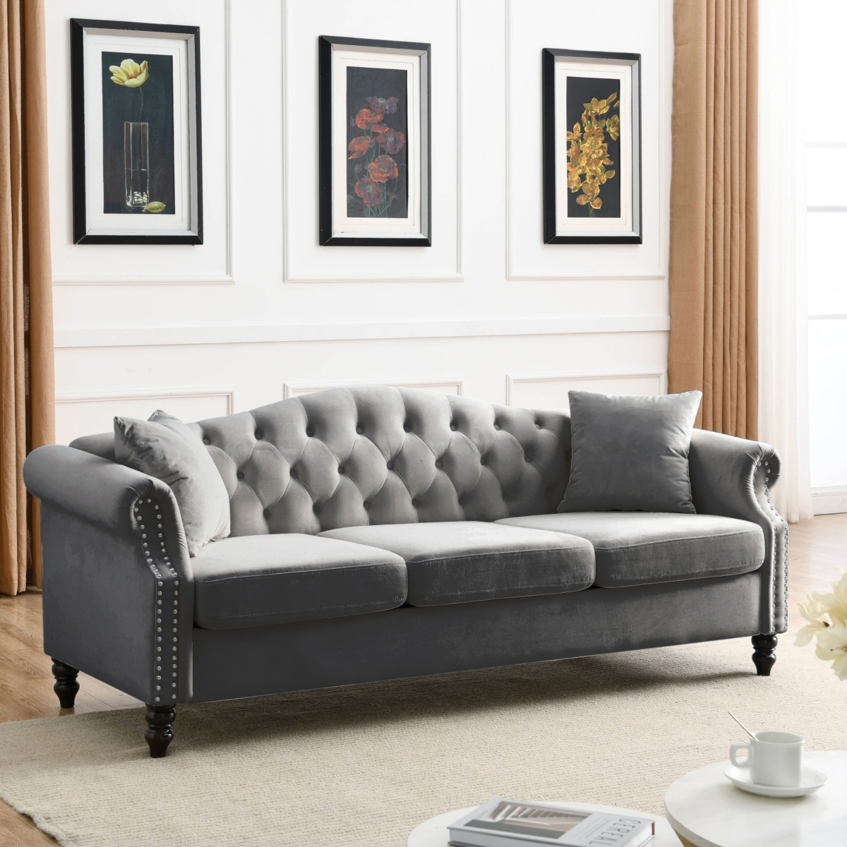 Streamdale Furniture Grey Velvet Chesterfield Sofa with Tufted Couch