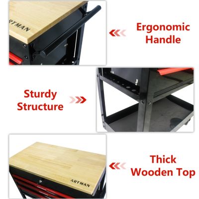 3 Drawers Multifunctional Tool Cart With Wheels And Wooden Top