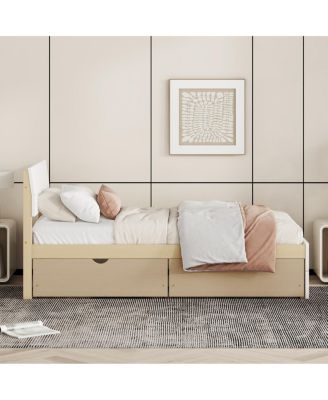 Modern Twin Bed Frame with High Gloss White and Oak Finish