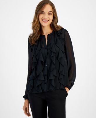 Anne Klein - Women's Button-Front Cascade-Ruffle Blouse