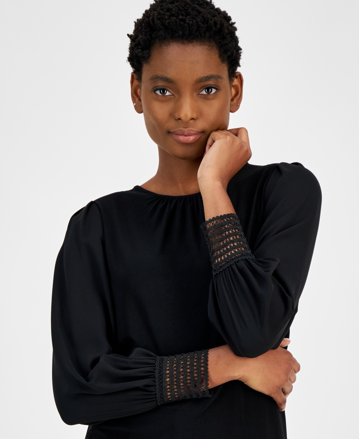 Anne Klein Women's Mixed-Media Blouson-Sleeve Blouse