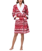 Holiday Lane Plush Printed Short Shawl-Collar Robe, Exclusively at Macy's - Red Fair Isle
