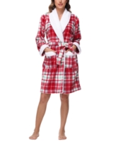Holiday Lane Plush Printed Short Shawl-Collar Robe, Exclusively at Macy's - Red Plaid