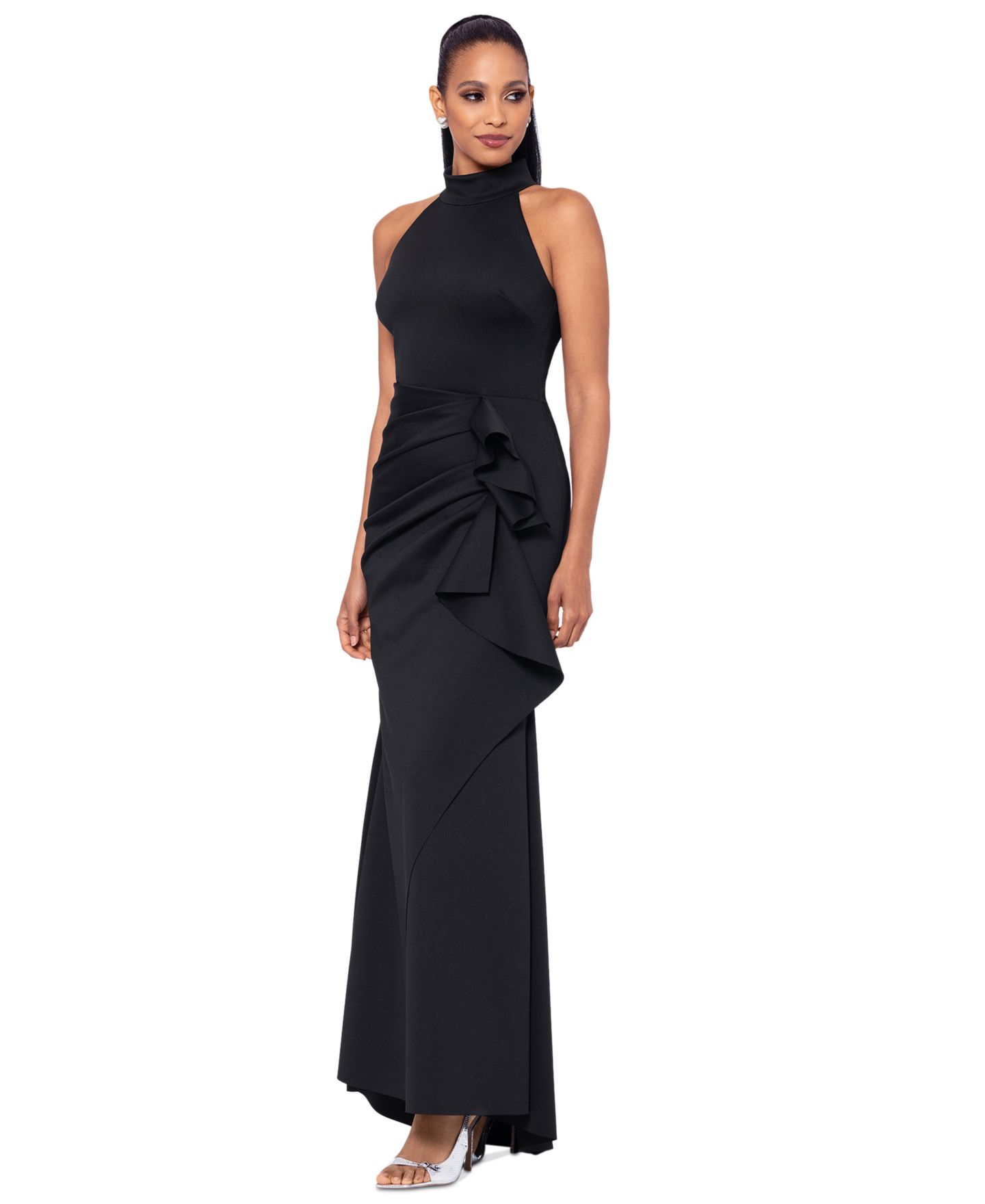 Женское платье XSCAPE Ruffled Sleeveless Scuba Fit & Flare, цвет: Чёрный — фото 2