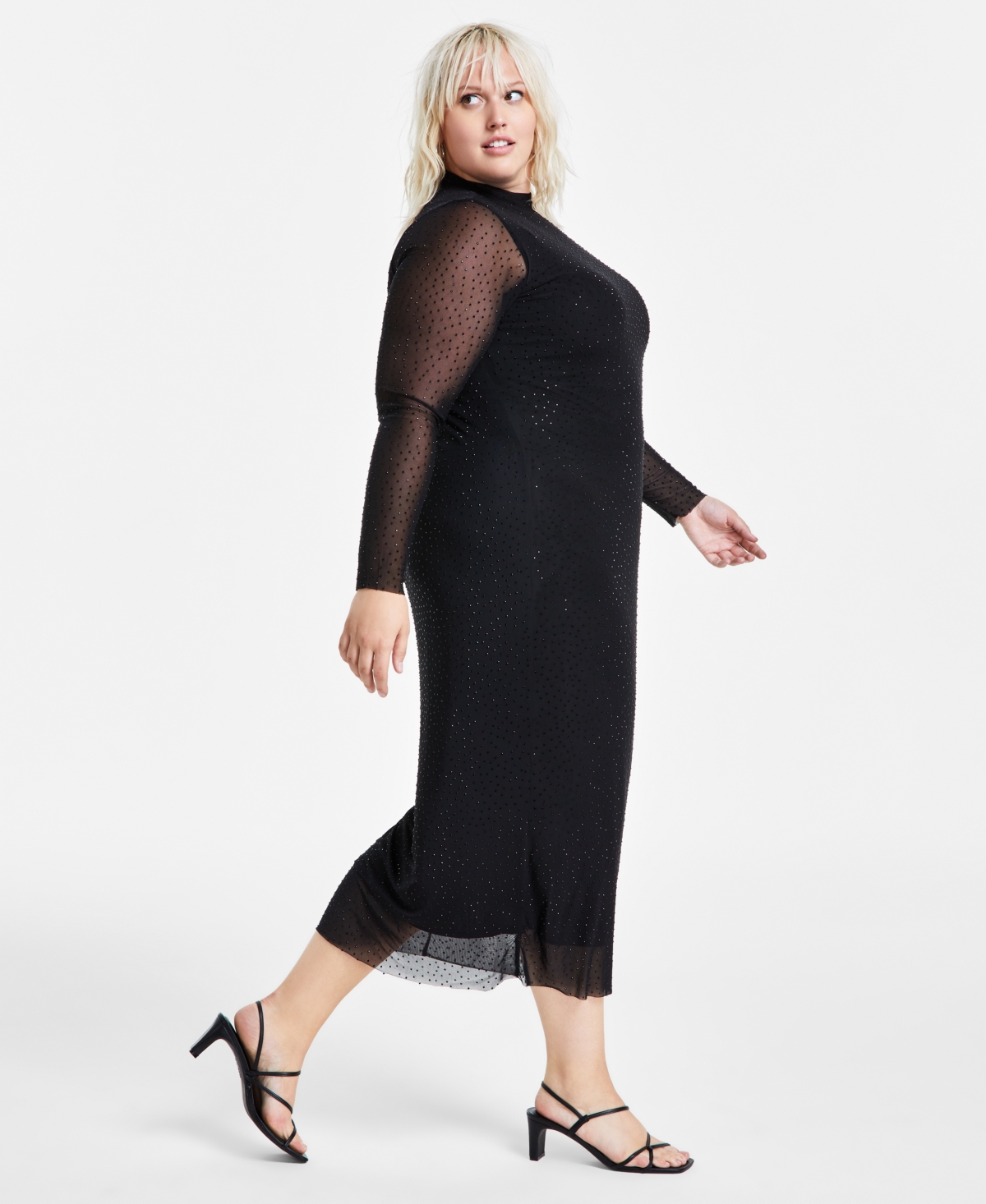 Bar Iii Trendy Plus Size Embellished Mesh Mock Neck Midi Dress, Created for Macy's