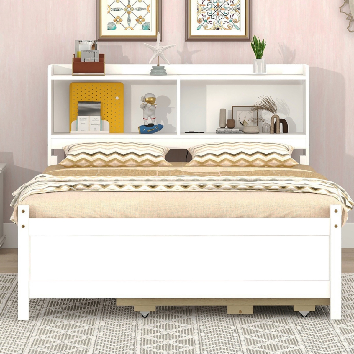 Streamdale Furniture Size Bed with Usb, Led Light, Bookcase Headboard, Trundle, Storage Drawers