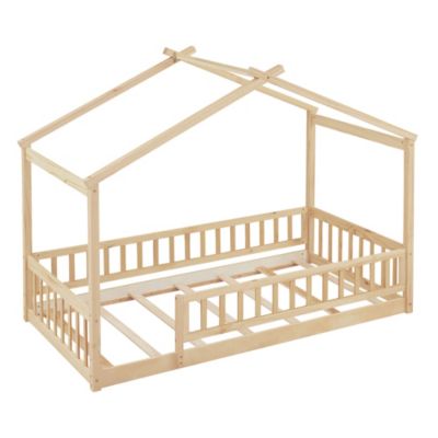 Twin Size Wood House Bed Frame with Fence