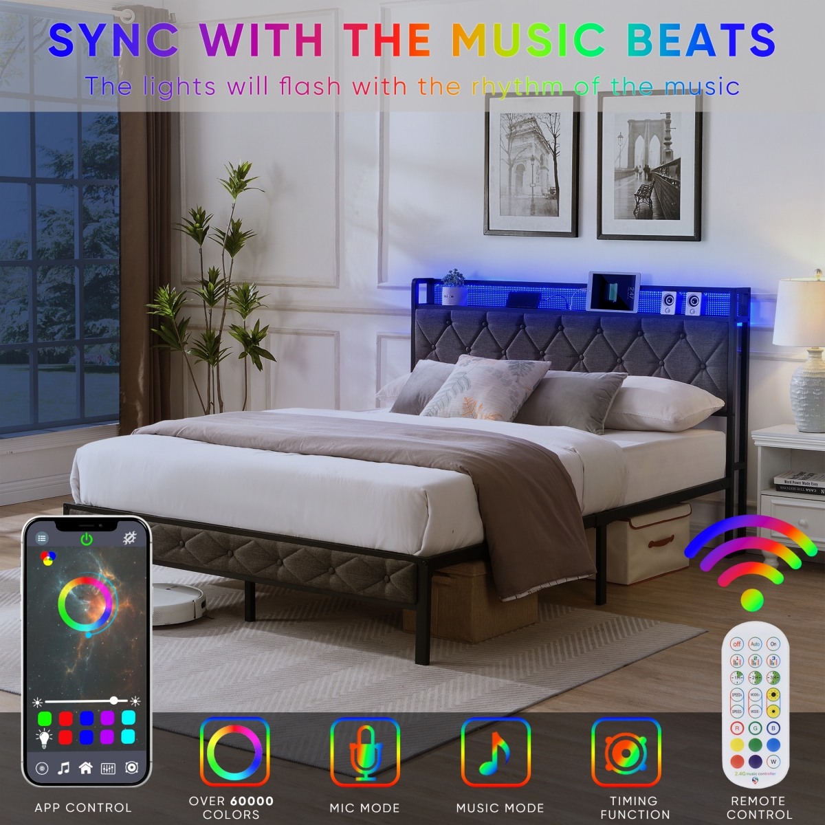 Streamdale Furniture Storage Headboard Bed Frame with Led Lights
