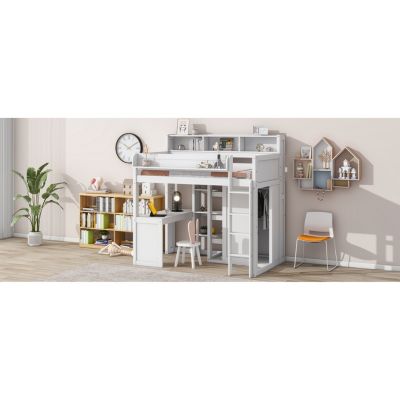 Streamdale Wood Twin Size Loft Bed With Multiple Storage Shelves And Wardrobe
