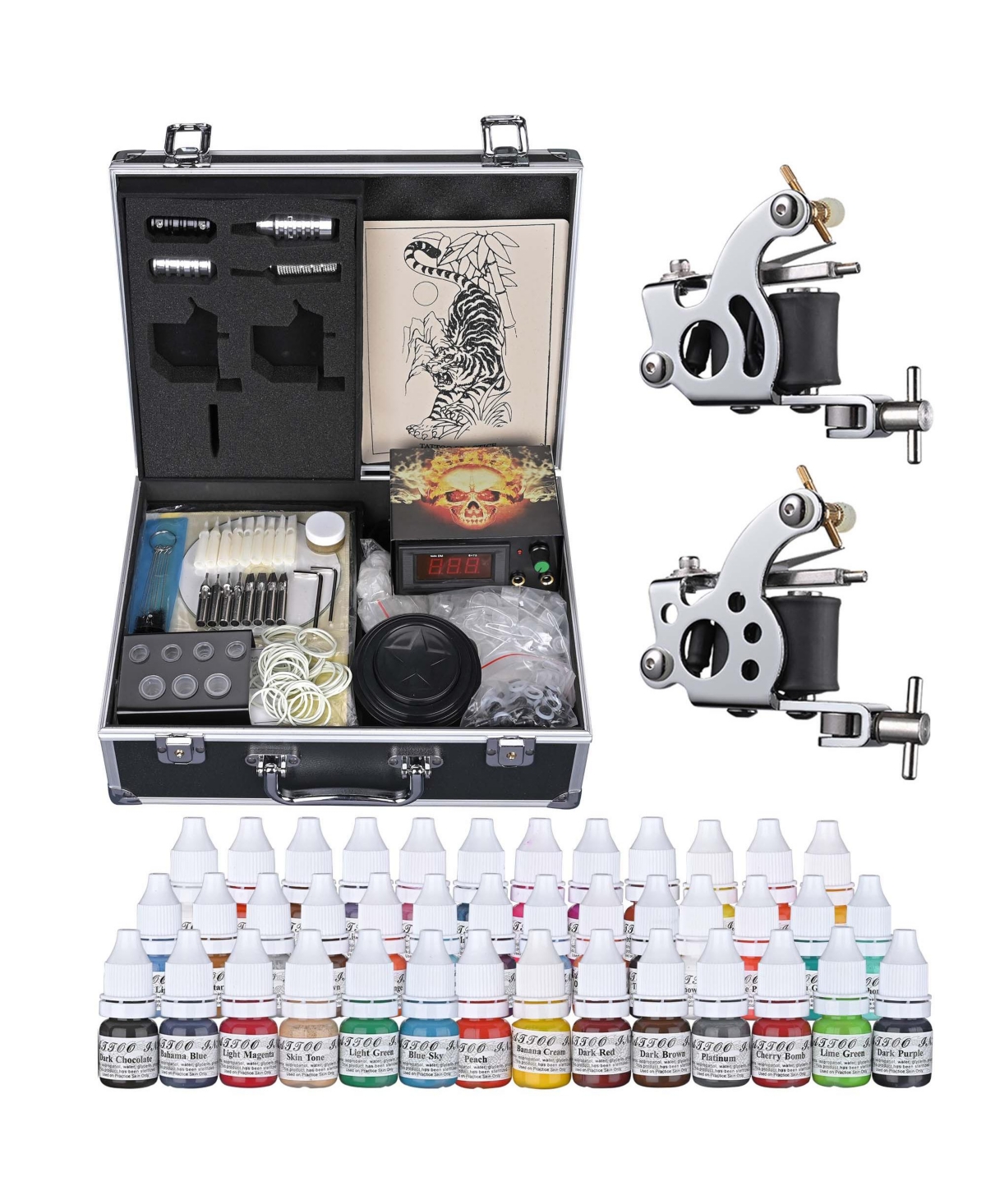 Complete Tattoo Kit 2 Machine Guns 10 Wrap 40 Ink Lcd Power Supply Equipment Set with Case - Natrual