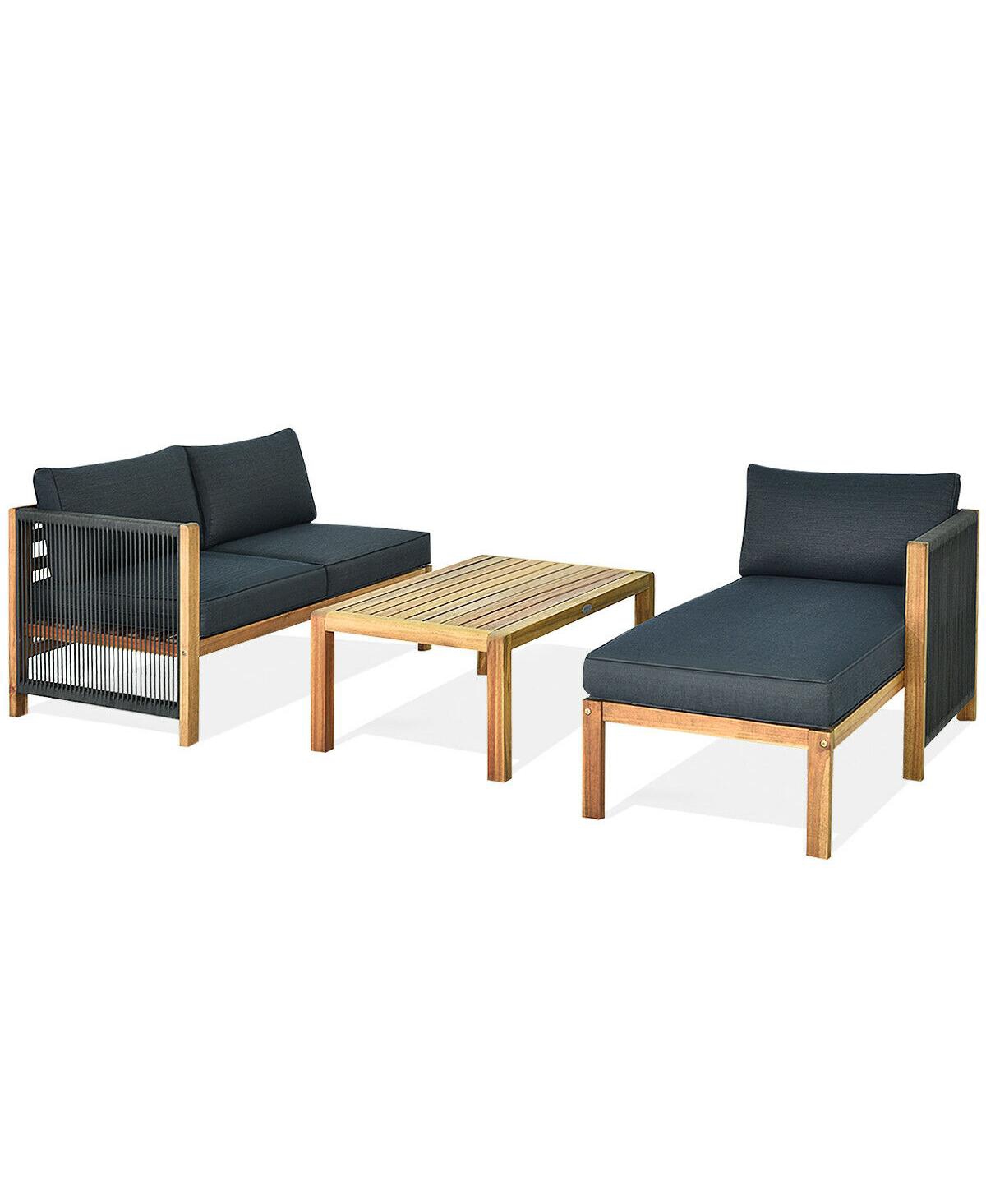 Sugift 3 Pieces Patio Acacia Wood Sofa Furniture Set with Nylon Rope Armrest