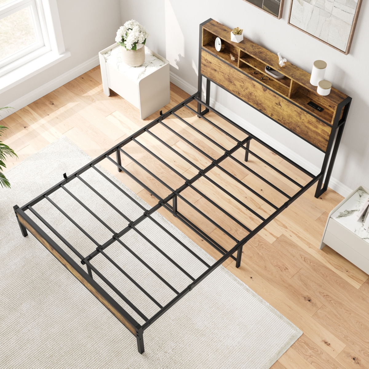 Black Metal Platform Bed with Storage & Charging Station