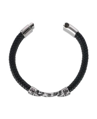 Silver Interlock Pattern on Black Leather Bracelet