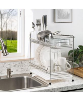 2-tier Medium-sized Dish Rack with Drain Spout, White