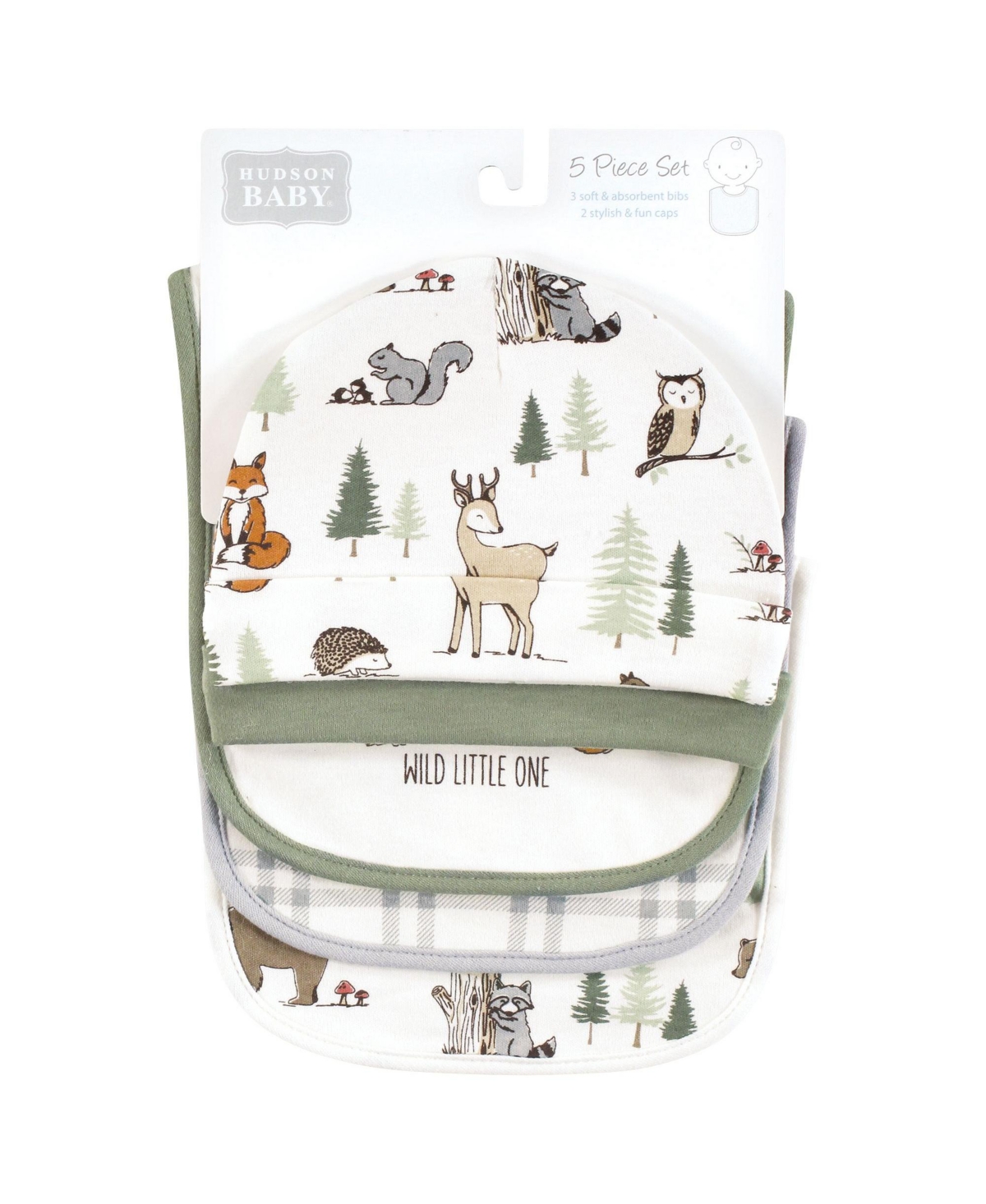 Hudson Baby Infant Boy Cotton Bib and Caps Set, One Size - Forest animals