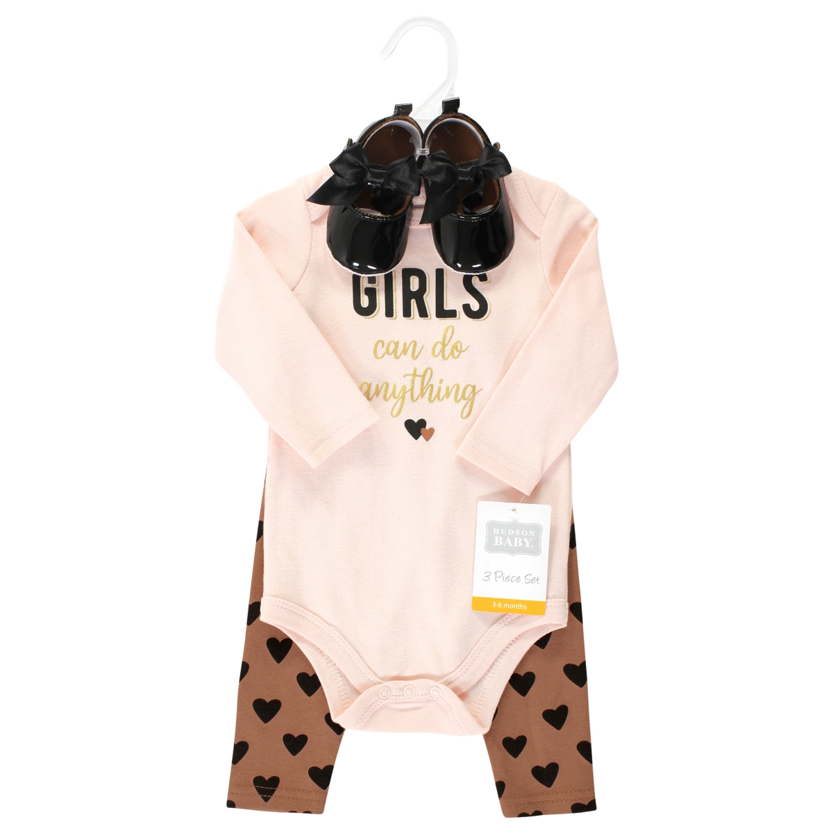 Hudson Baby Baby Girls Cotton Bodysuit, Pant and Shoe Set,- Cinnamon hearts long sleeve