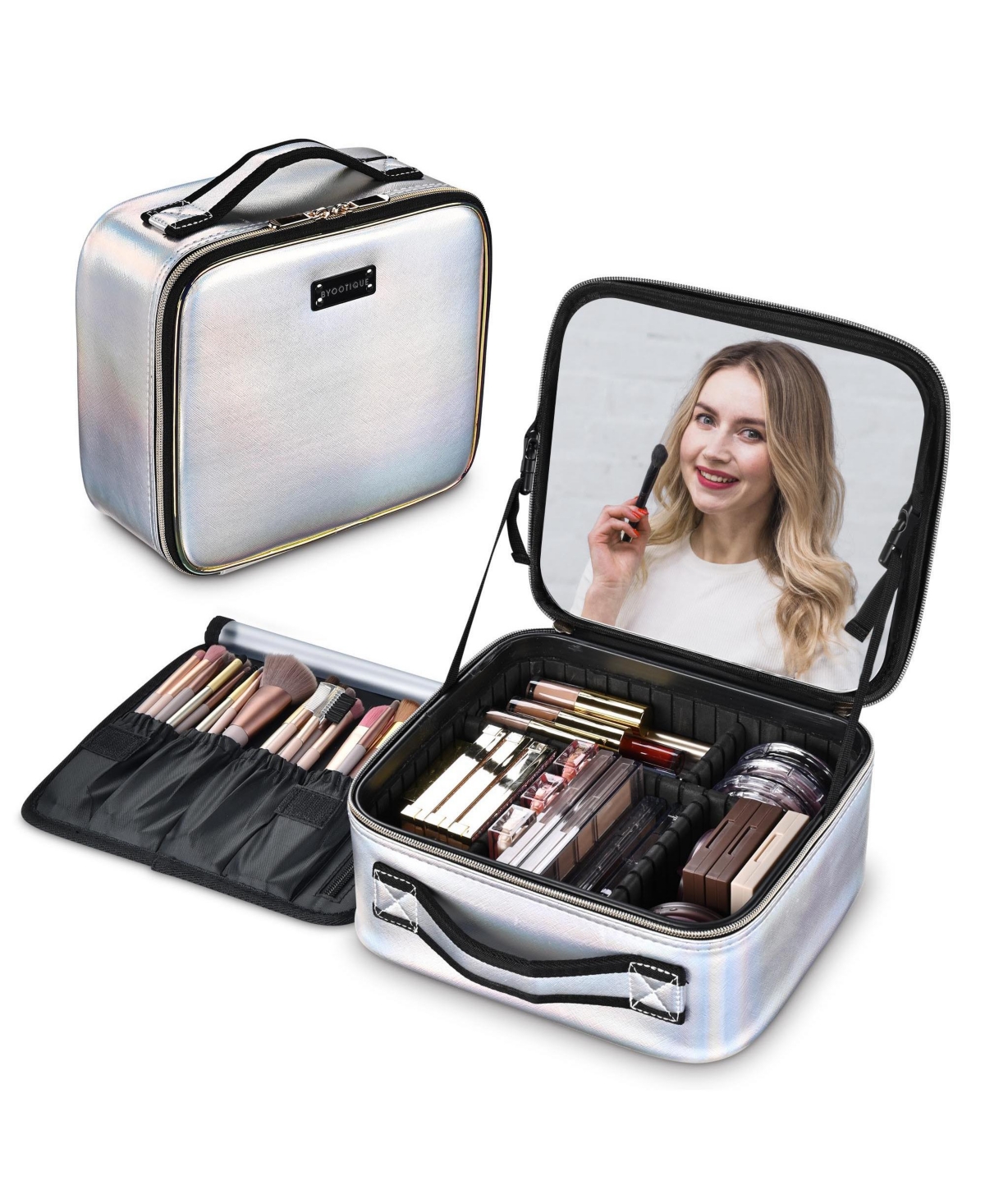 Small Makeup Case Storage Box Cosmetic Bag Mirror Toiletry Organizer - Natrual