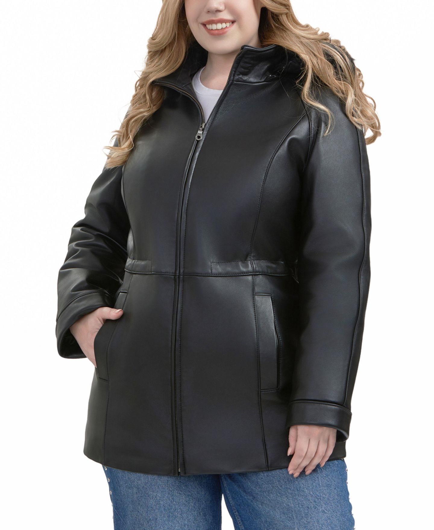 Женская куртка BGSD Plus Size Uzima Leather Hooded Parka, цвет: Чёрный — фото 2